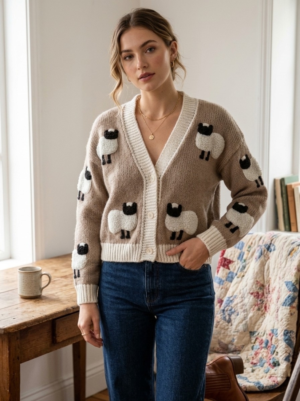 Neutral Sheep-Pattern Button Cardigan Sweater